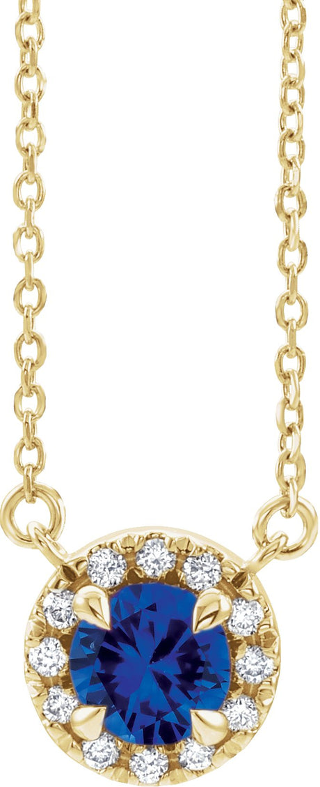 14K Gold Round Natural Blue Sapphire French-Set Halo-Style Necklace - Yellow Gold