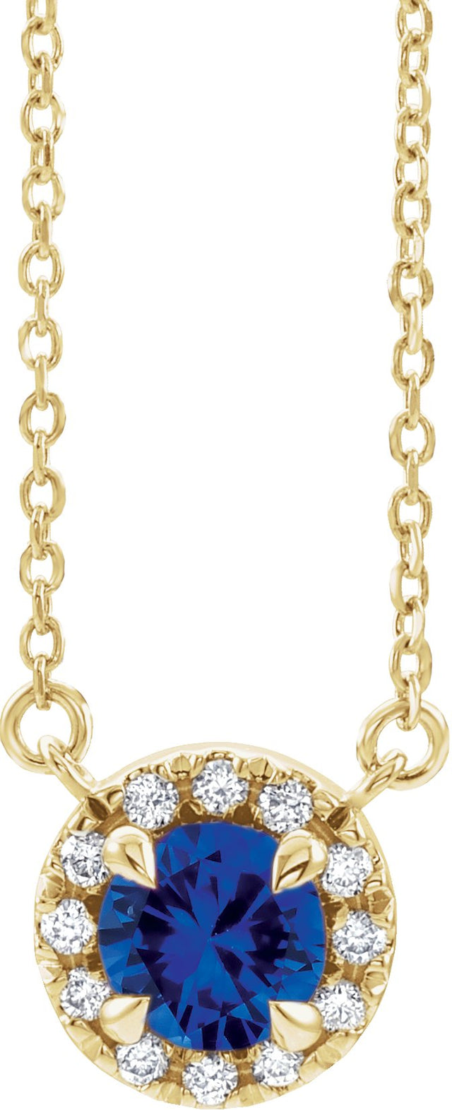 14K Gold Round Natural Blue Sapphire French-Set Halo-Style Necklace - Yellow Gold