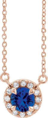 14K Gold Round Lab-Grown Blue Sapphire French-Set Halo-Style Necklace - Rose Gold