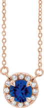 14K Gold Round Natural Blue Sapphire French-Set Halo-Style Necklace - Rose Gold