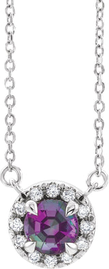 14K Gold Round Natural Alexandrite French-Set Halo-Style Necklace - White Gold
