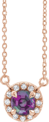 14K Gold Round Natural Alexandrite French-Set Halo-Style Necklace - Rose Gold