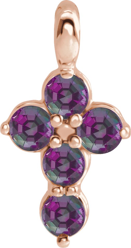 14K Gold Round Natural Alexandrite Accented Cross Necklace or Pendant - Rose Gold