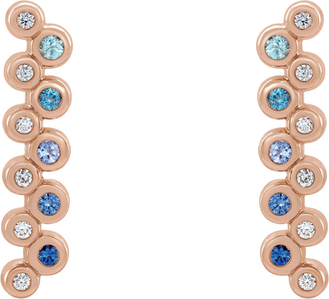 14K Gold Round Natural Blue Multi-Gemstone Bezel-Set Bar Earrings - Rose Gold