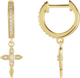 14K Gold Round Natural Diamond Accented Cross Hoop Earrings – 1.5mm Stones - Yellow Gold