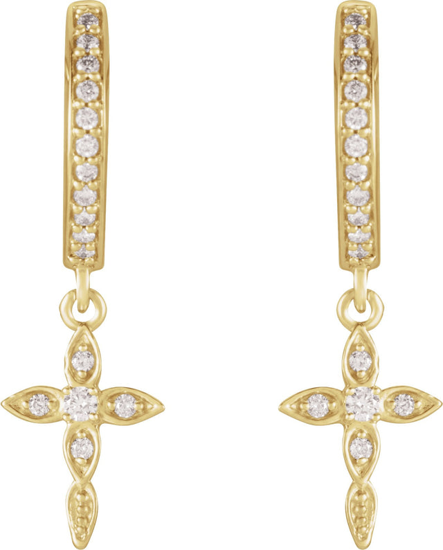 14K Gold Round Natural Diamond Accented Cross Hoop Earrings – 1.5mm Stones - Yellow Gold - view 2