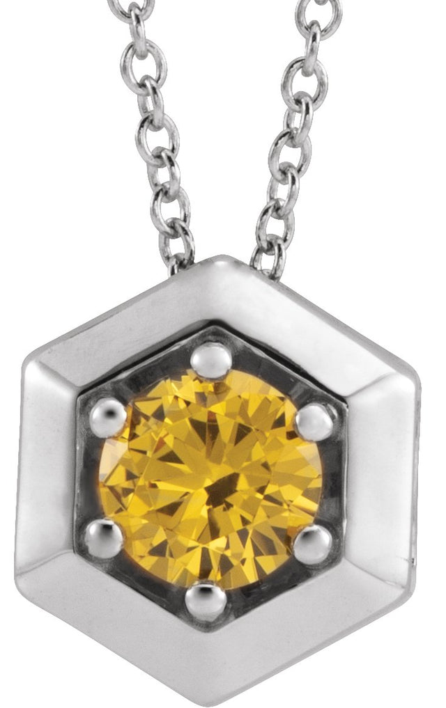 Platinum Round Natural Citrine Geometric Necklace or Pendant