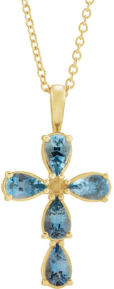 14K Gold Pear Natural Aquamarine Cross Necklace or Pendant - Yellow Gold