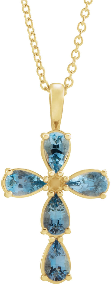 14K Gold Pear Natural Aquamarine Cross Necklace or Pendant - Yellow Gold