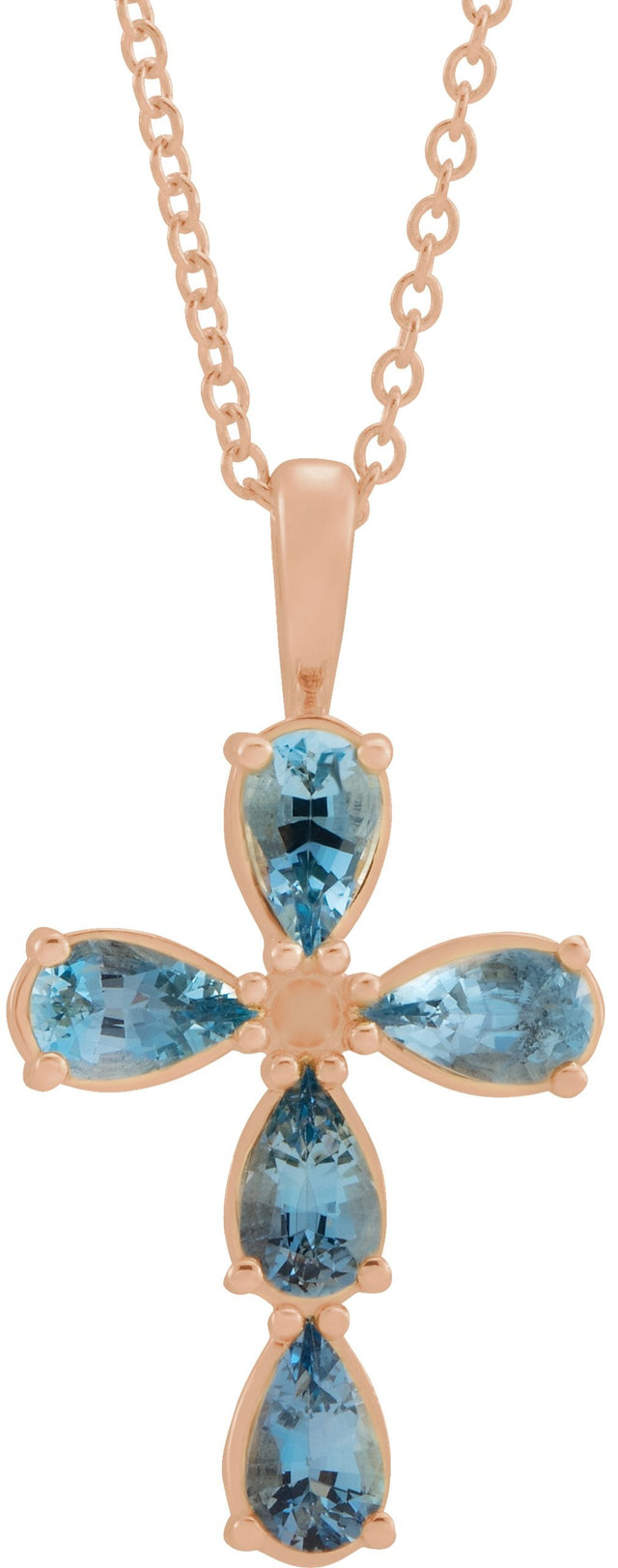 14K Gold Pear Natural Aquamarine Cross Necklace or Pendant - Rose Gold