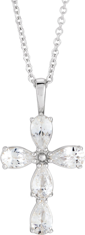Platinum Pear Natural White Sapphire Cross Necklace or Pendant