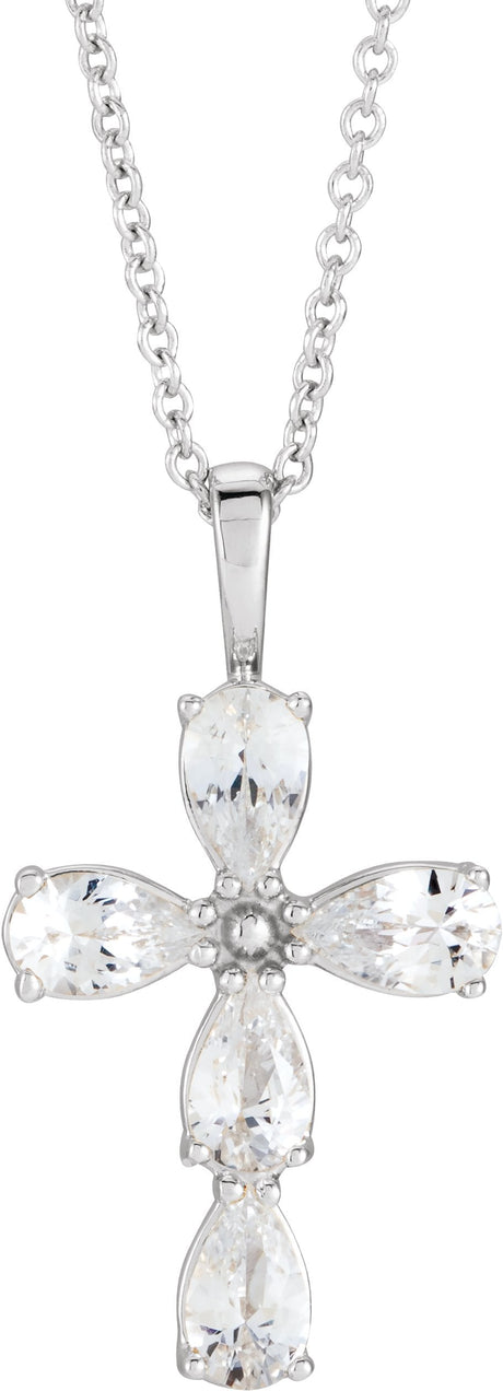 14K Gold Pear Natural White Sapphire Cross Necklace or Pendant - White Gold