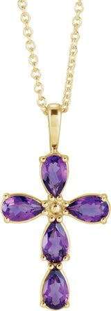 14K Gold Pear Natural Amethyst Cross Necklace or Pendant - Yellow Gold