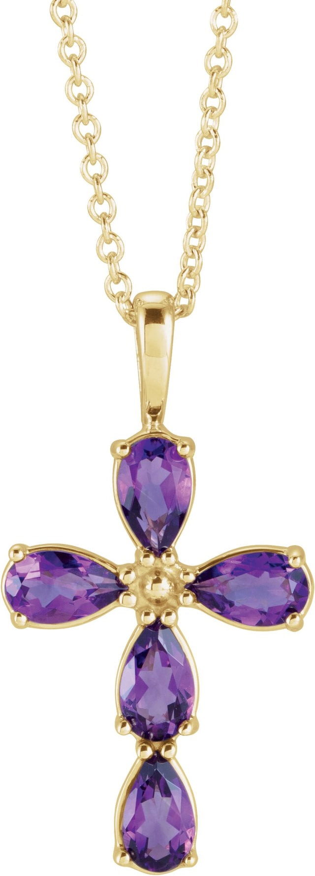 14K Gold Pear Natural Amethyst Cross Necklace or Pendant - Yellow Gold