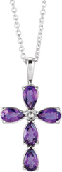 Platinum Pear Natural Amethyst Cross Necklace or Pendant