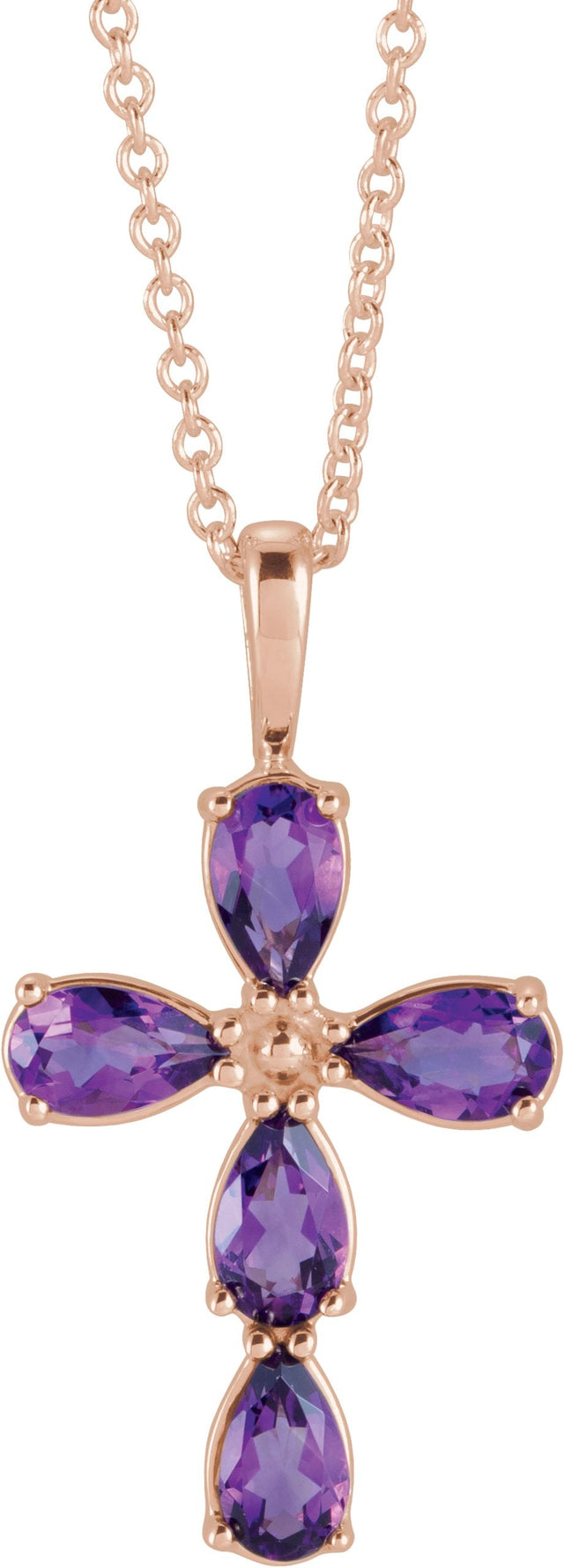 14K Gold Pear Natural Amethyst Cross Necklace or Pendant - Rose Gold
