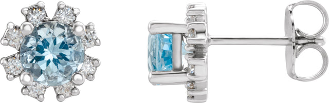 14K Gold Natural Aquamarine Round 4-Prong Halo-Style Earrings - White Gold