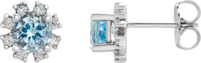 Platinum Natural Aquamarine Round 4-Prong Halo-Style Earrings