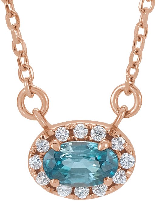 14K Gold Oval Natural Blue Zircon French-Set Halo-Style Necklace - Rose Gold