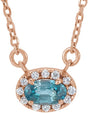 14K Gold Oval Natural Blue Zircon French-Set Halo-Style Necklace - Rose Gold