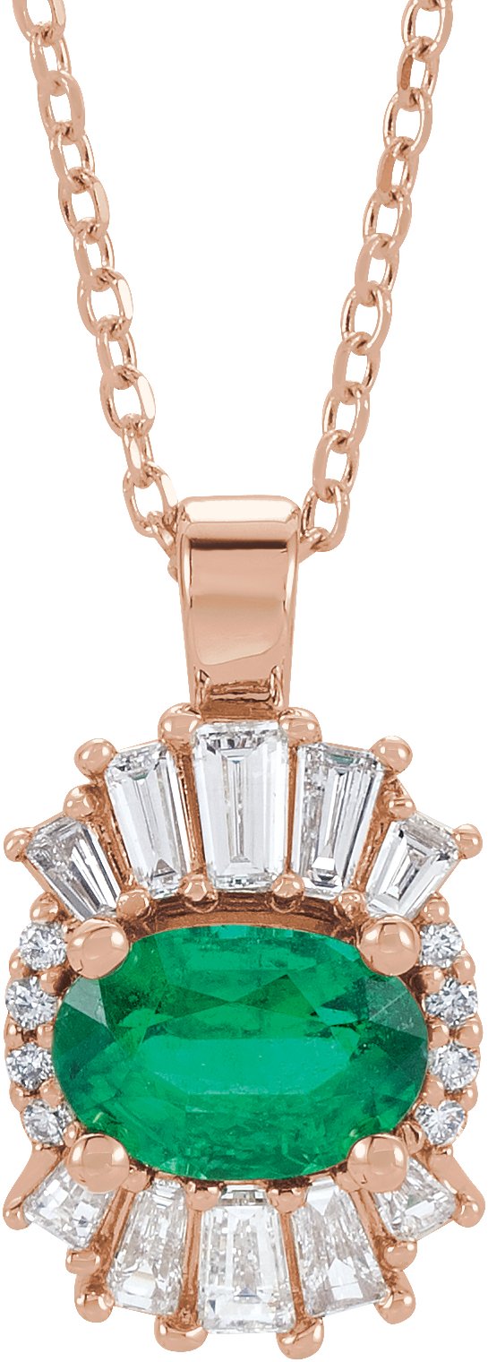 14K Gold Oval Natural Emerald Halo-Style Necklace or Pendant - Rose Gold