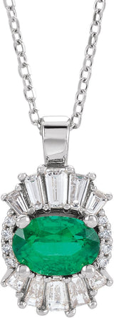 Platinum Oval Natural Emerald Halo-Style Necklace or Pendant