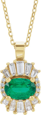 14K Gold Oval Natural Emerald Halo-Style Necklace or Pendant - Yellow Gold