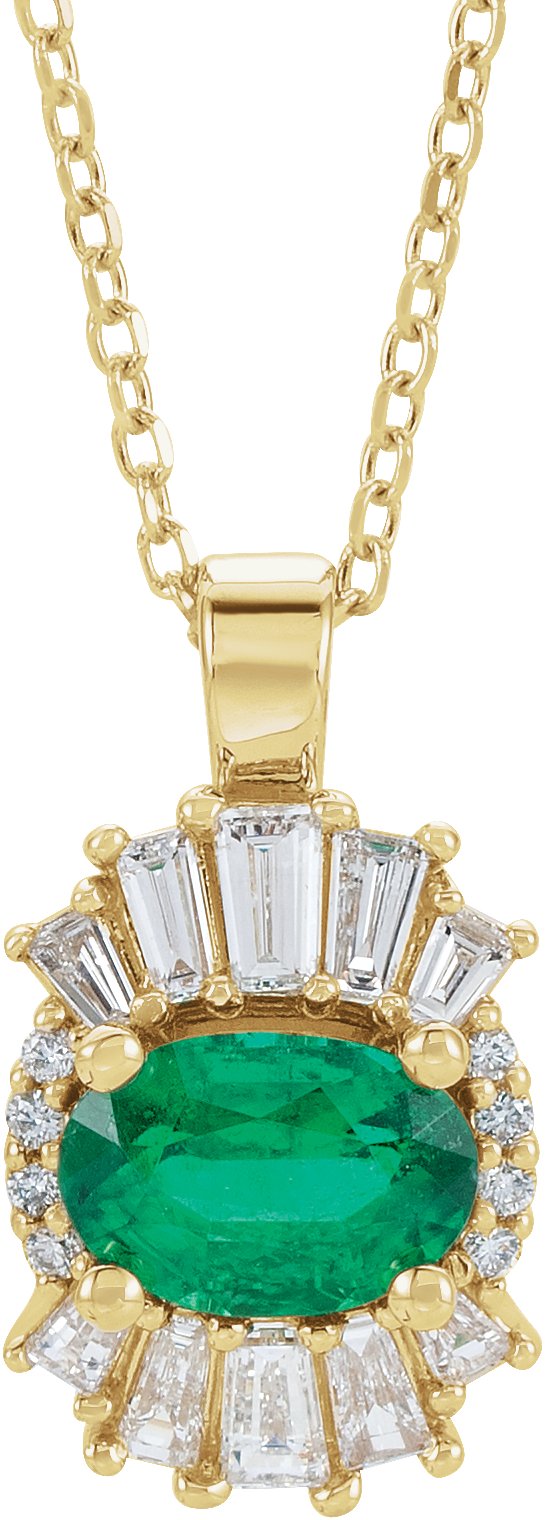 14K Gold Oval Natural Emerald Halo-Style Necklace or Pendant - Yellow Gold