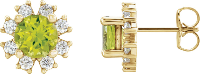 14K Gold Natural Peridot Round 4-Prong Halo-Style Earrings - Yellow Gold