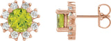 14K Gold Natural Peridot Round 4-Prong Halo-Style Earrings - Rose Gold