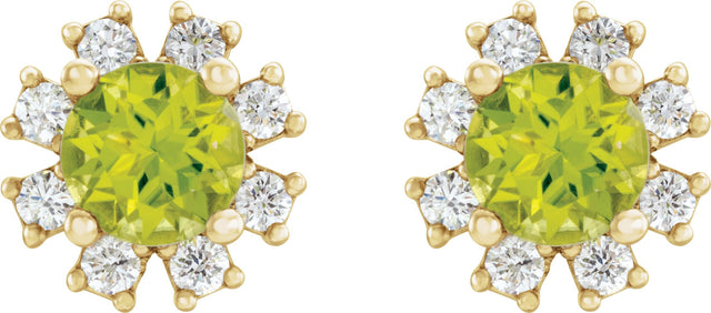 14K Gold Natural Peridot Round 4-Prong Halo-Style Earrings - Yellow Gold - view 2