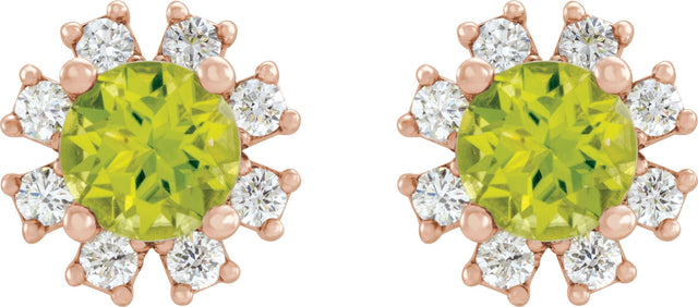 14K Gold Natural Peridot Round 4-Prong Halo-Style Earrings - Rose Gold - view 2