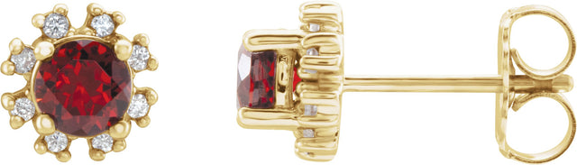 14K Gold Natural Mozambique Garnet Round 4-Prong Halo-Style Earrings - Yellow Gold