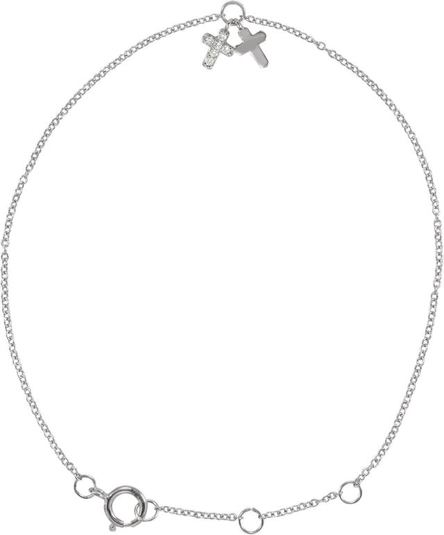 14K Gold Round Natural Diamond Adjustable Cross Bracelet - White Gold