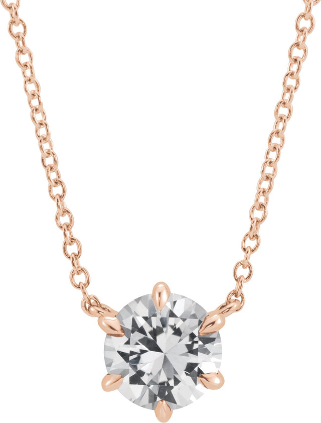 14K Gold Round Natural White Sapphire Solitaire Necklace II - Rose Gold
