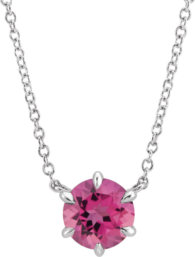 Platinum Round Natural Pink Tourmaline Solitaire Necklace