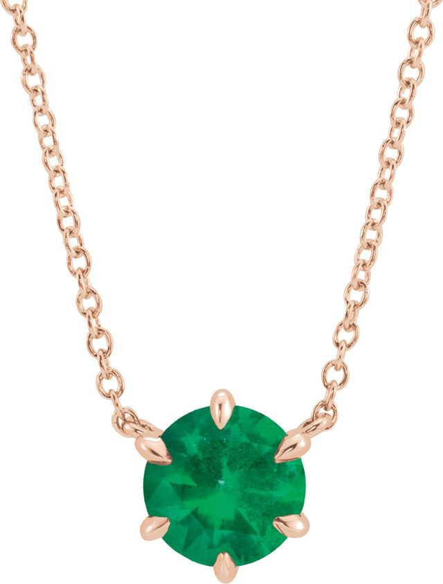 14K Gold Round Natural Emerald Solitaire Necklace - Rose Gold