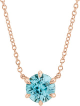 14K Gold Round Natural Blue Zircon Solitaire Necklace - Rose Gold
