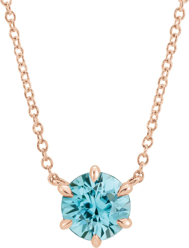 14K Gold Round Natural Blue Zircon Solitaire Necklace - Rose Gold