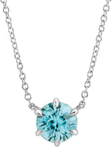 14K Gold Round Natural Blue Zircon Solitaire Necklace - White Gold