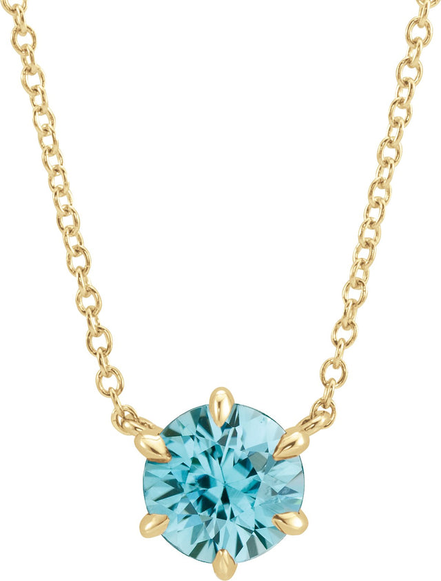 14K Gold Round Natural Blue Zircon Solitaire Necklace II - Yellow Gold