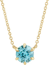 14K Gold Round Natural Blue Zircon Solitaire Necklace - Yellow Gold