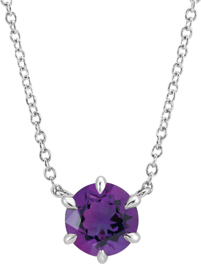 14K Gold Round Natural Amethyst Solitaire Necklace II - White Gold