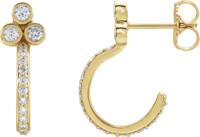 14K Gold Round Natural Diamond Accented Bezel-Set J-Hoop Earrings - Yellow Gold