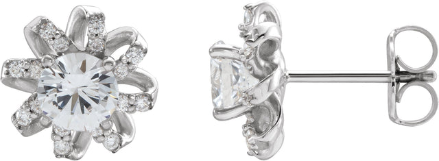 Platinum Natural White Sapphire Round 4-Prong Halo-Style Twist Earrings