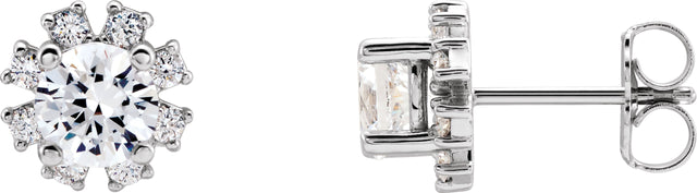 14K Gold Natural White Sapphire Round 4-Prong Halo-Style Earrings - White Gold
