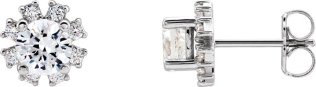 Platinum Natural White Sapphire Round 4-Prong Halo-Style Earrings