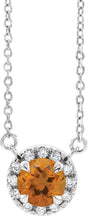 14K Gold Round Natural Citrine Natural Diamond French-Set Halo-Style Necklace - White Gold
