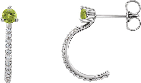 14K Gold Round Natural Peridot Accented J-Hoop Earrings - White Gold