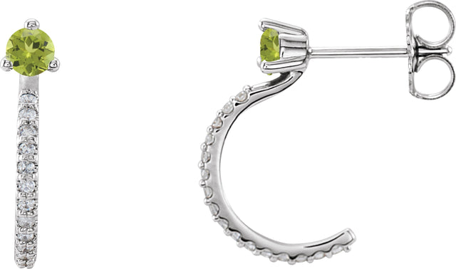 14K Gold Round Natural Peridot Accented J-Hoop Earrings - White Gold